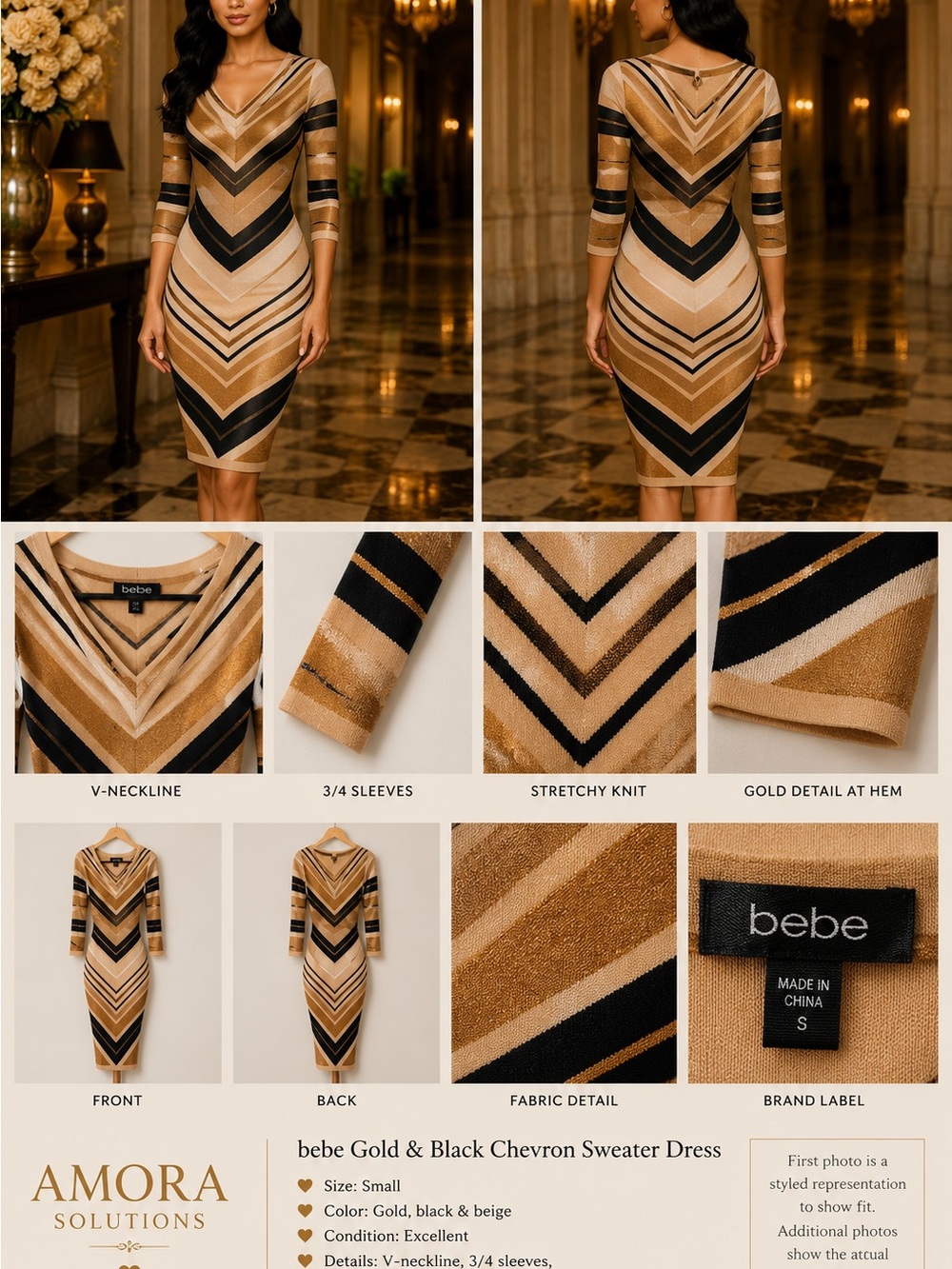 bebe Gold, Black & Beige Chevron Bodycon Dress